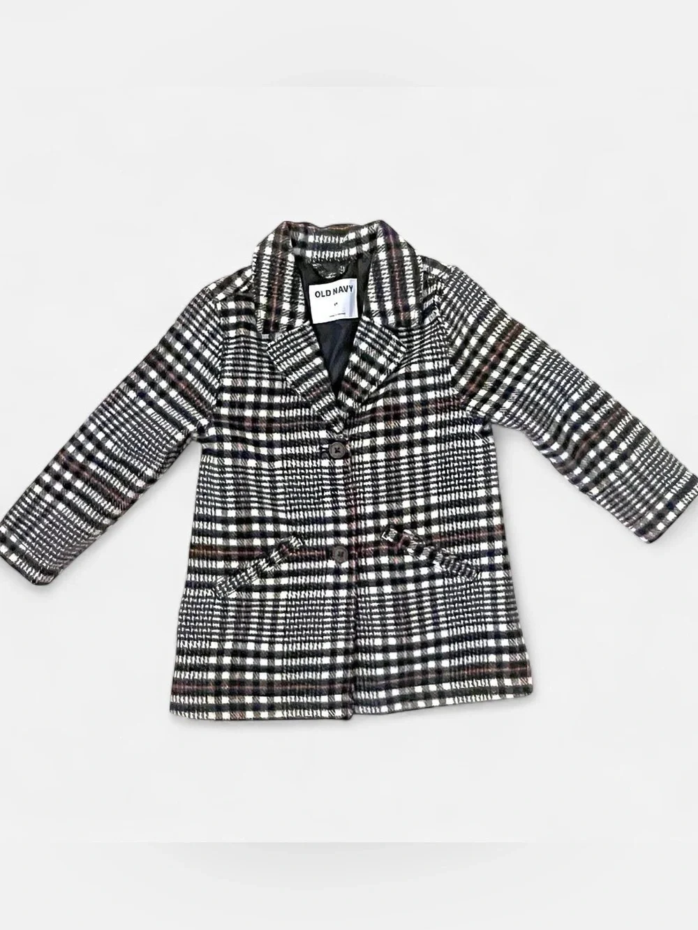 Old Navy Girls' Black & White Plaid Peacoat with Subtle Red Accents